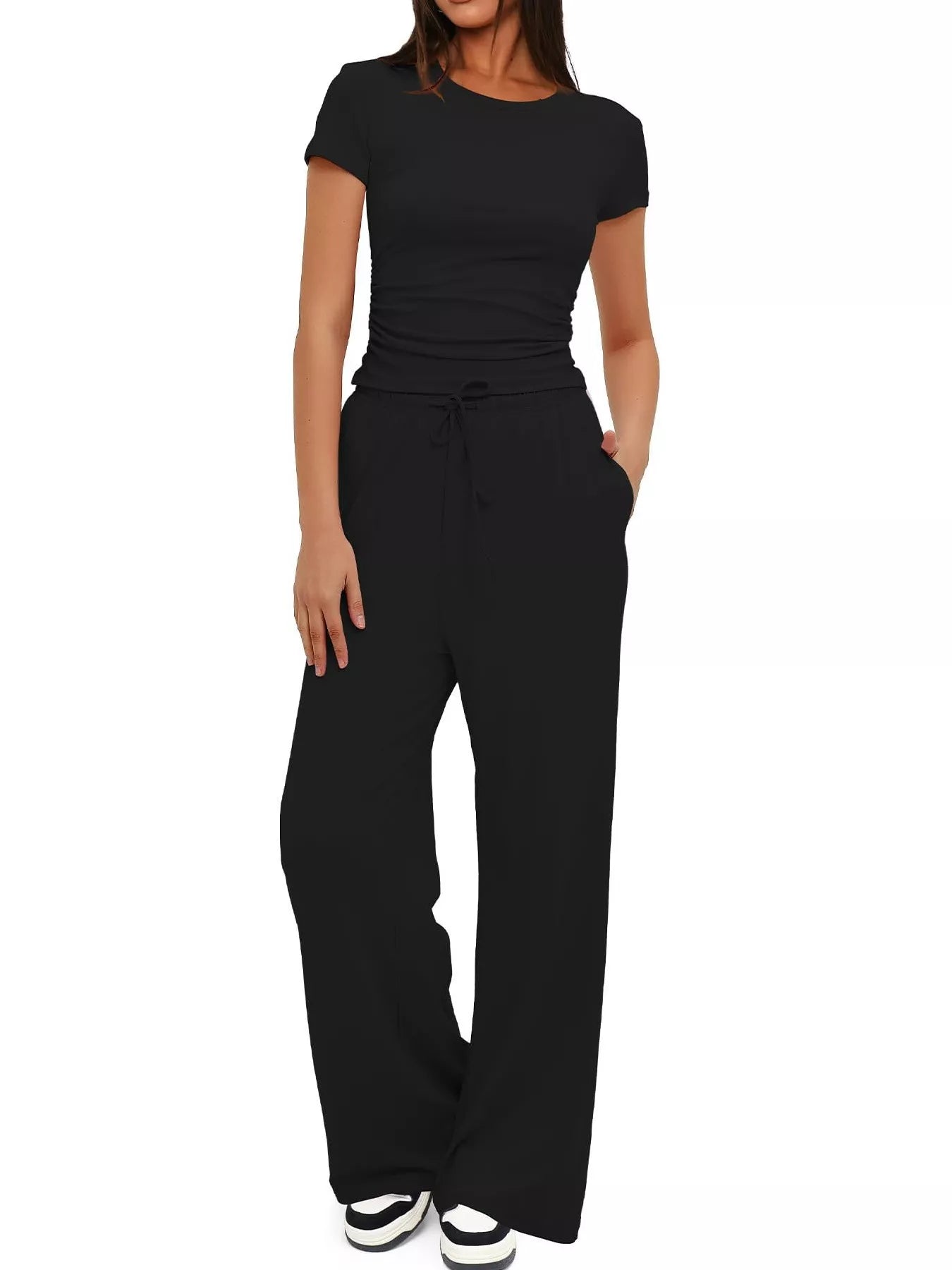 Two piece short sleeve top and drawstring pants set front