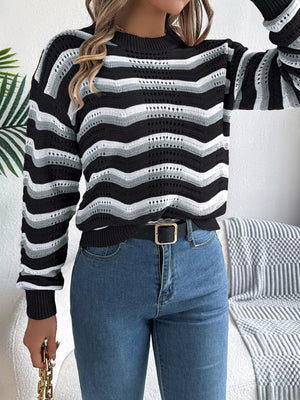 Women’s striped knit sweater front look with round neckline