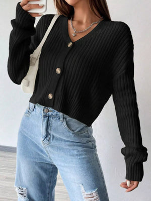 Front view of V-neck button-up cardigan