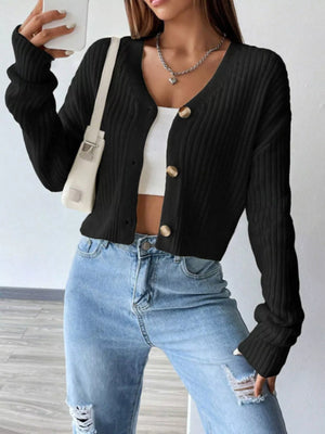 Front view of V-neck button-up cardigan