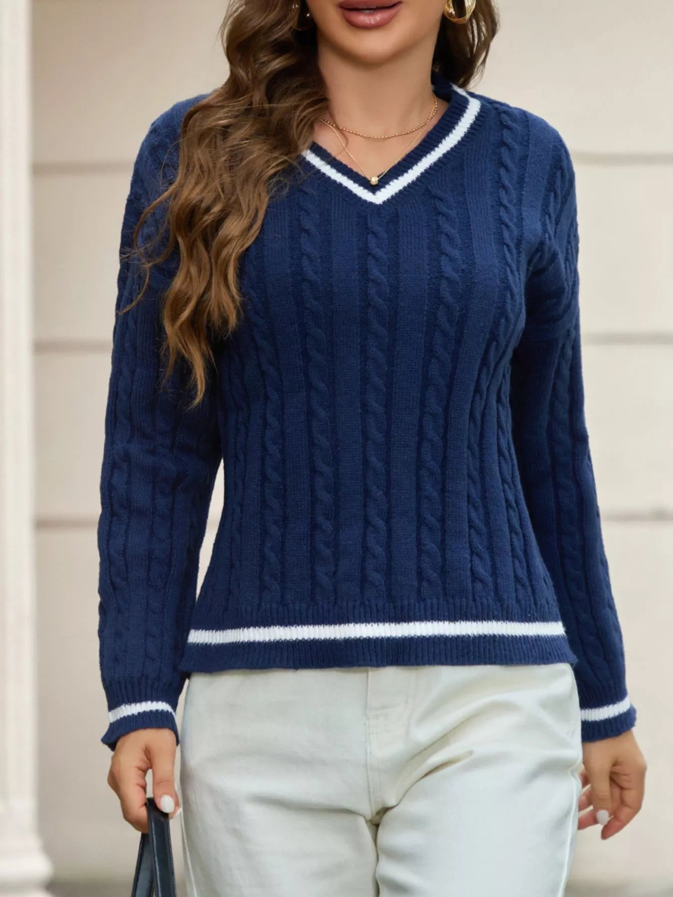 classic v neck cable knit sweater front design women fashion