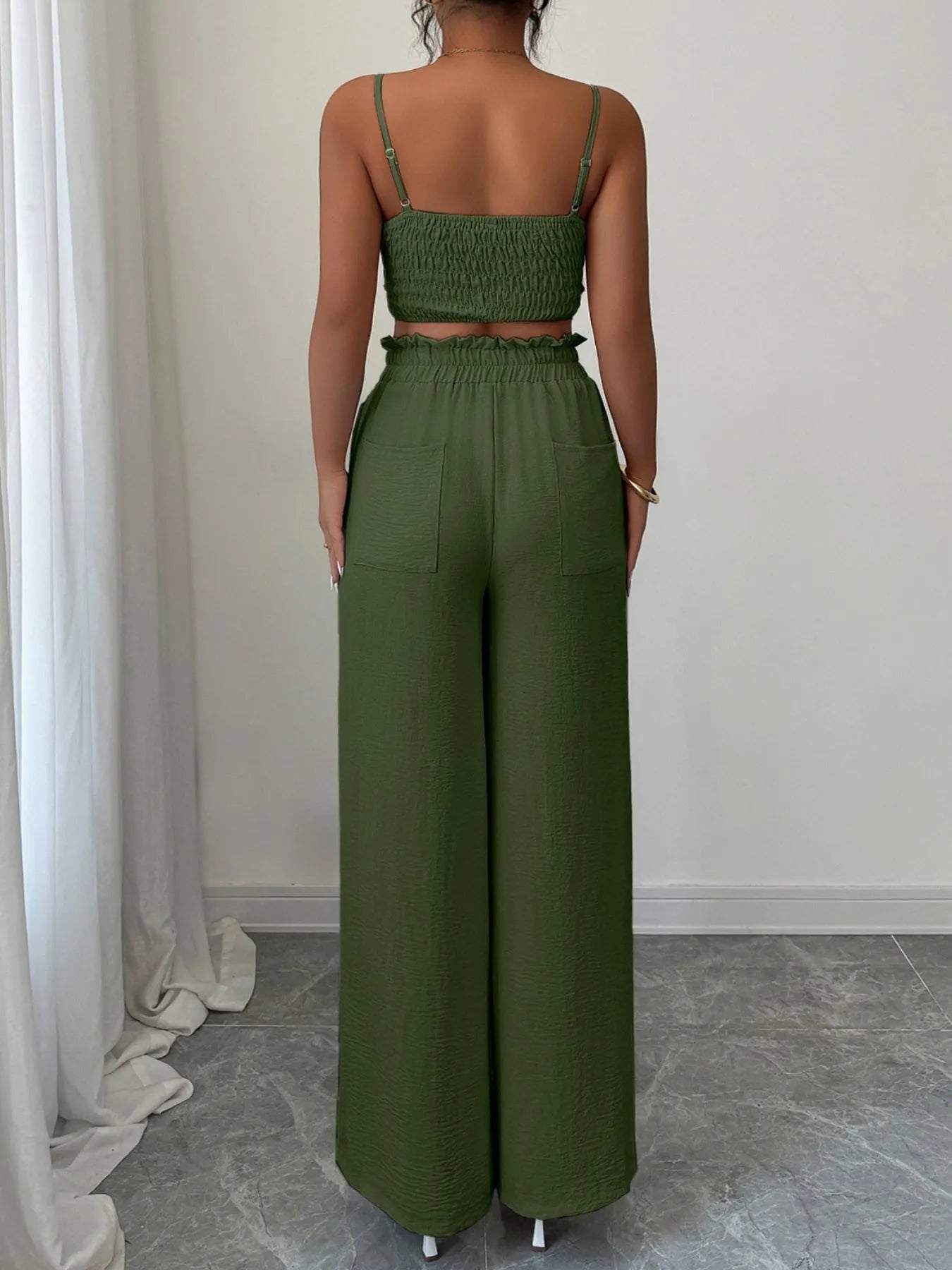 Back view of V-Neck cami and wide leg pants set