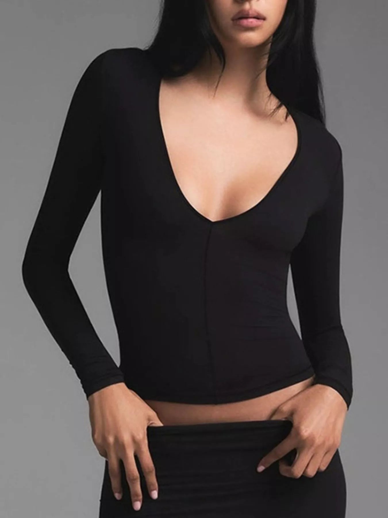 Front view of V-neck long sleeve cropped t-shirt