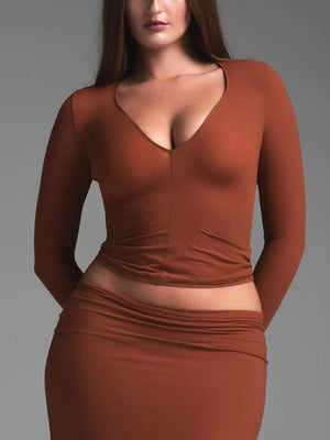 Women's cropped V-neck long sleeve t-shirt front view