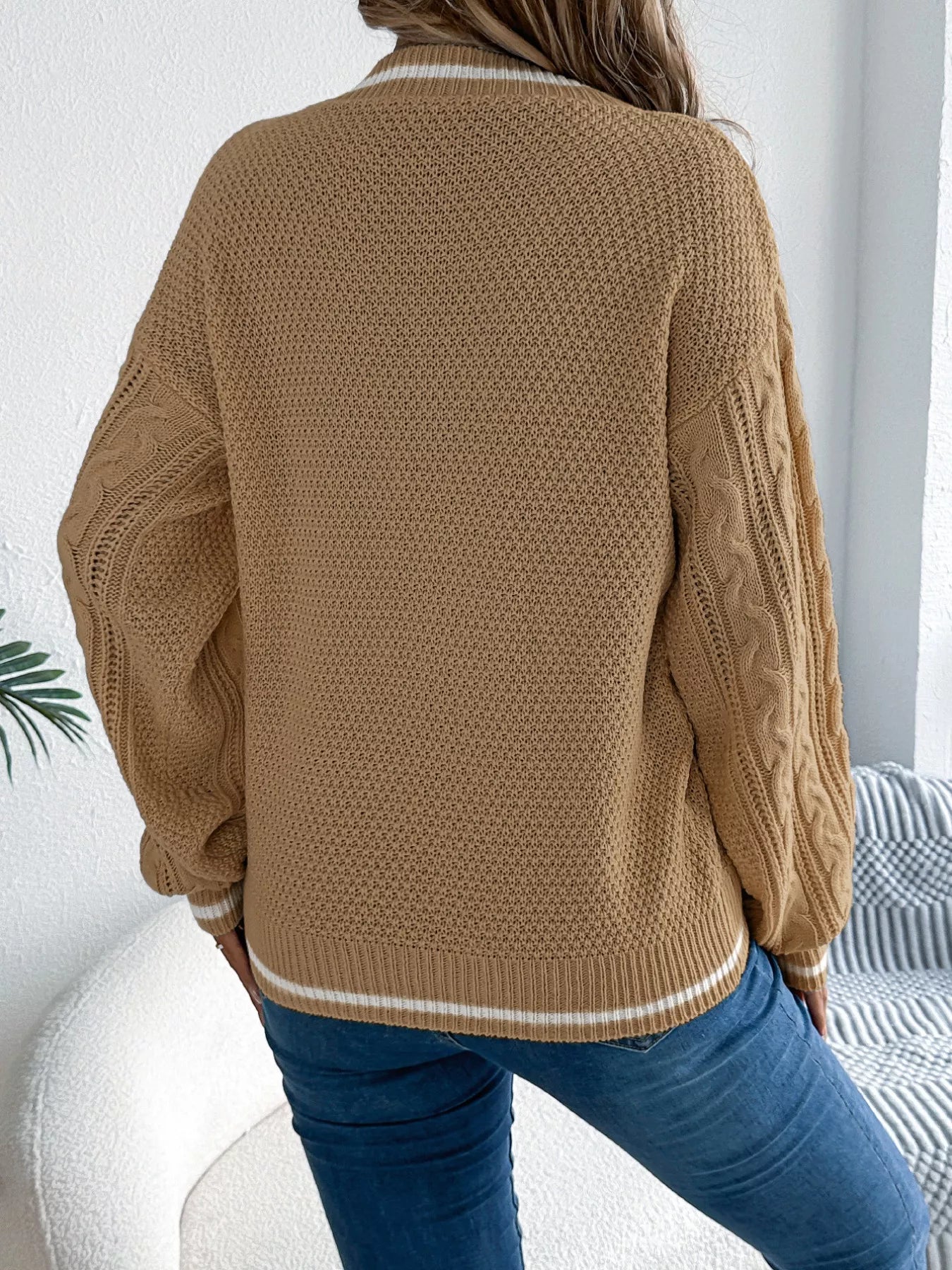 Cable knit sweater back side long sleeve winter outfit