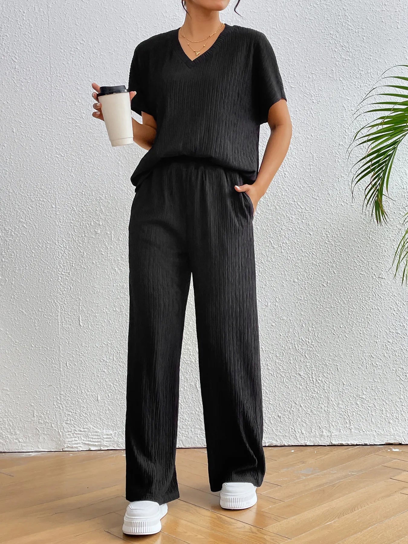 Women's casual V-neck short sleeve outfit front 