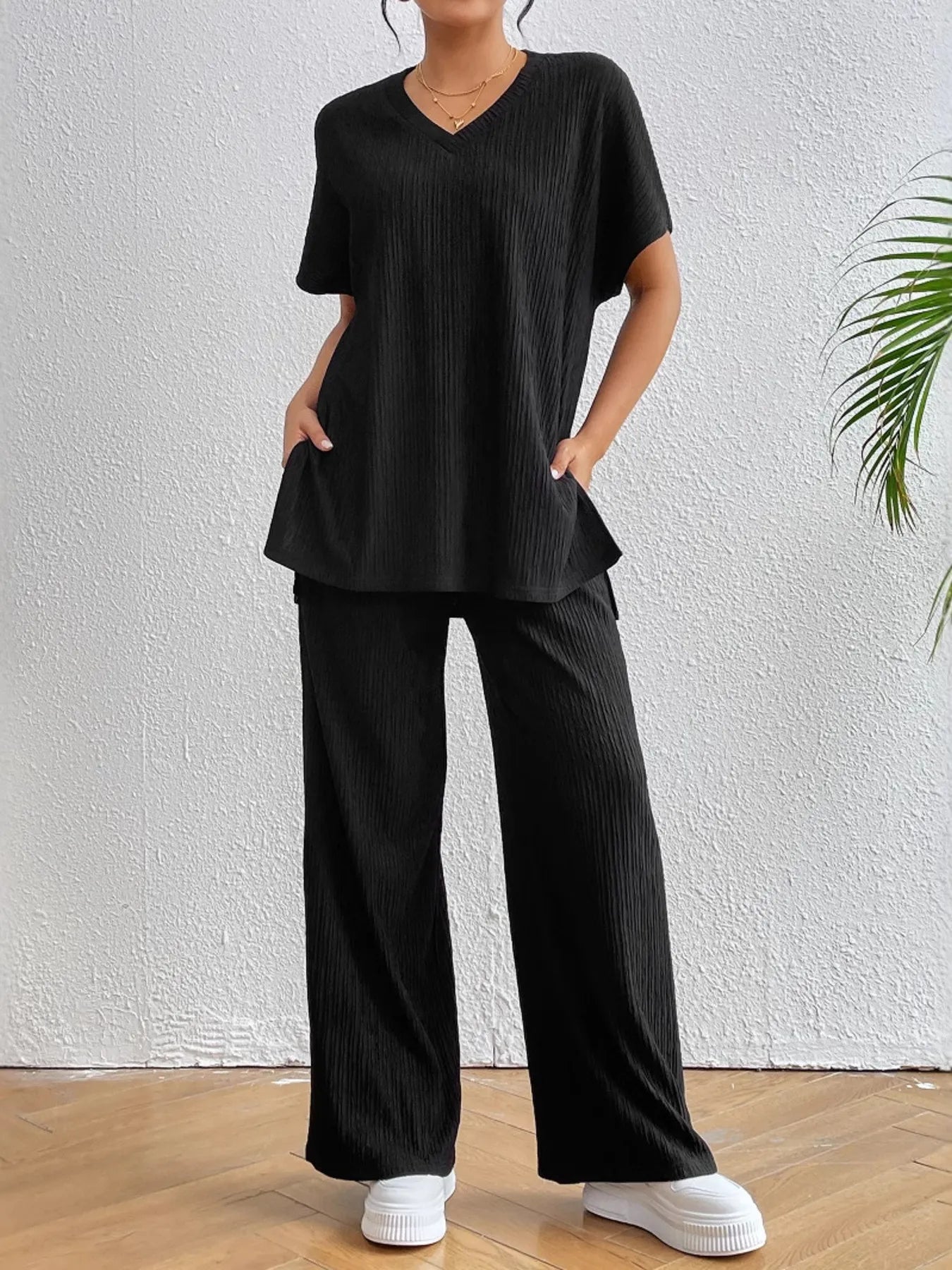 Elegant casual V-neck top and pants set front perspective