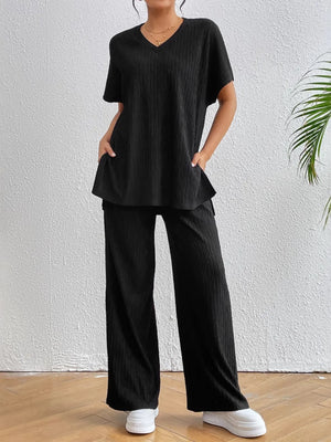Elegant casual V-neck top and pants set front perspective