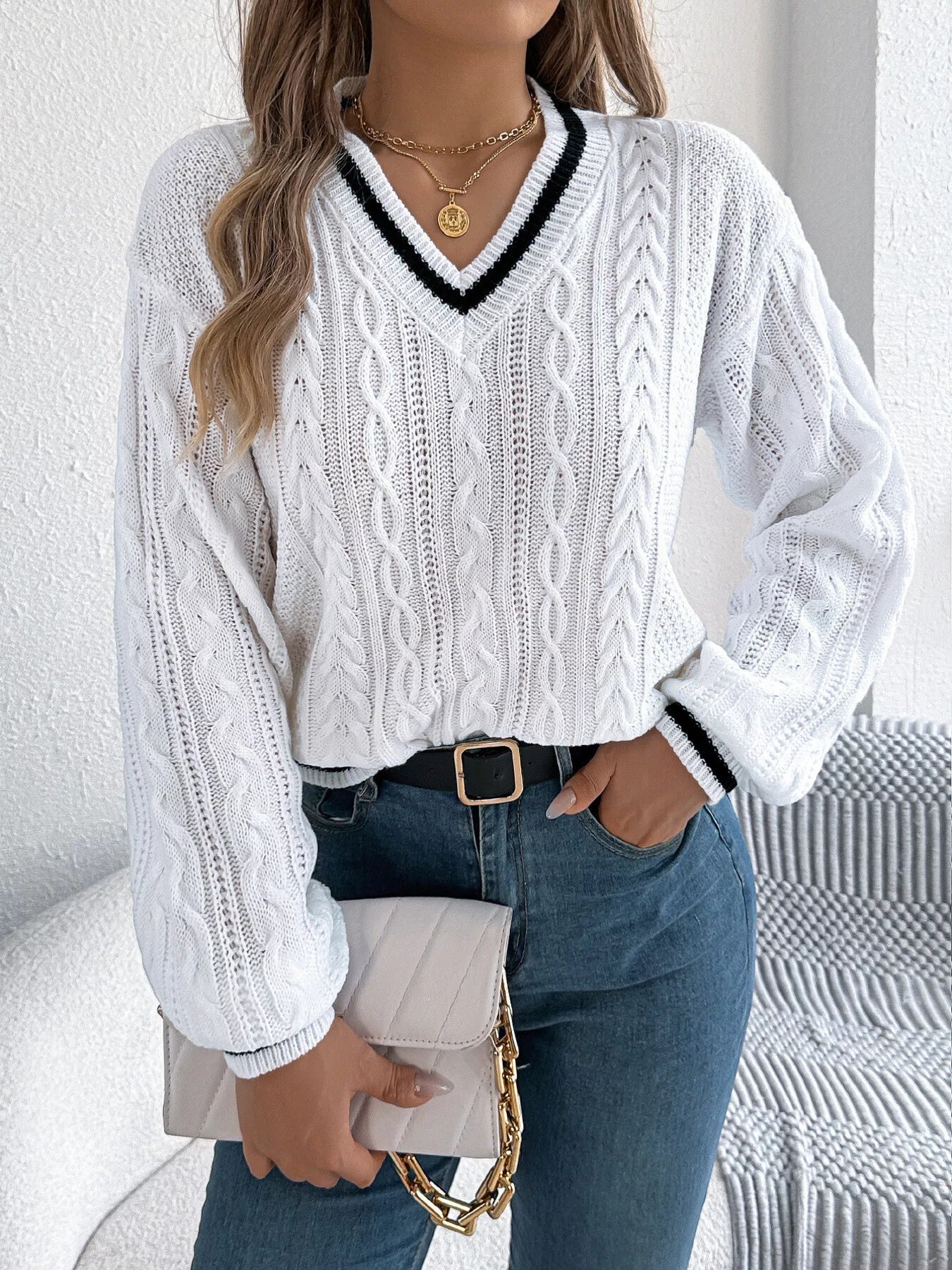 V-neck cable knit sweater front trendy winter wear