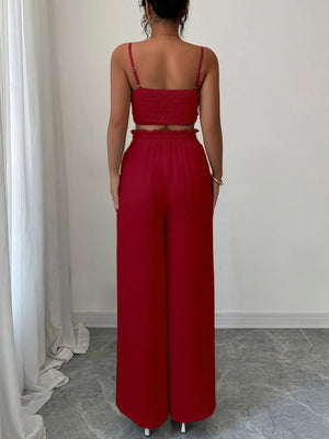 Back design of cami and wide leg pants set for women