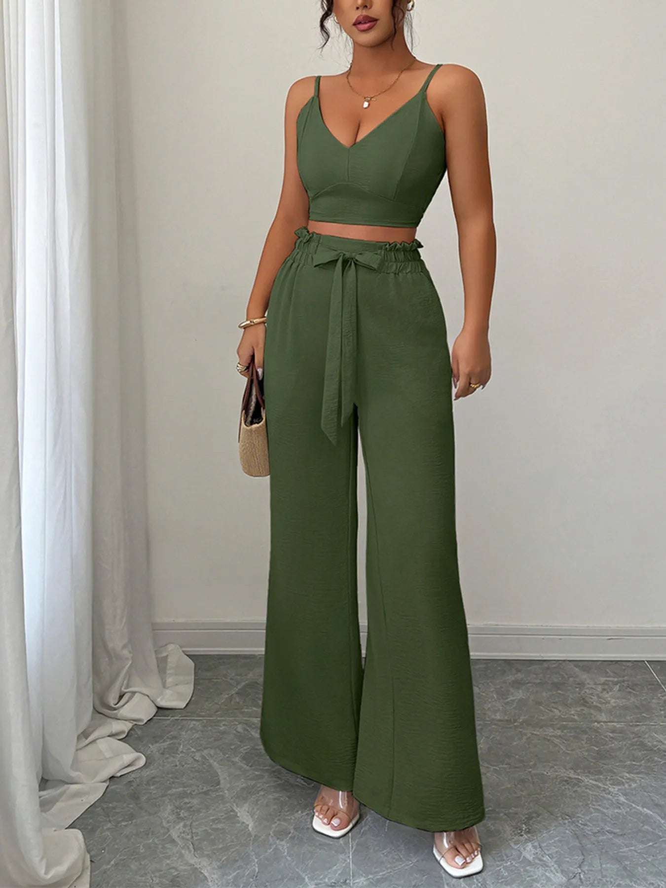 Stylish sleeveless cami top with wide leg pants front look