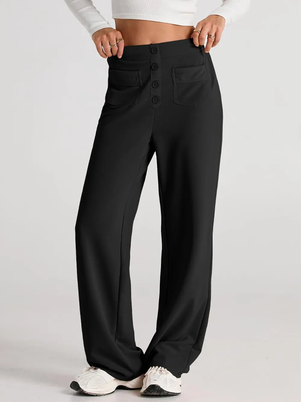 Front view of high waist wide leg pants