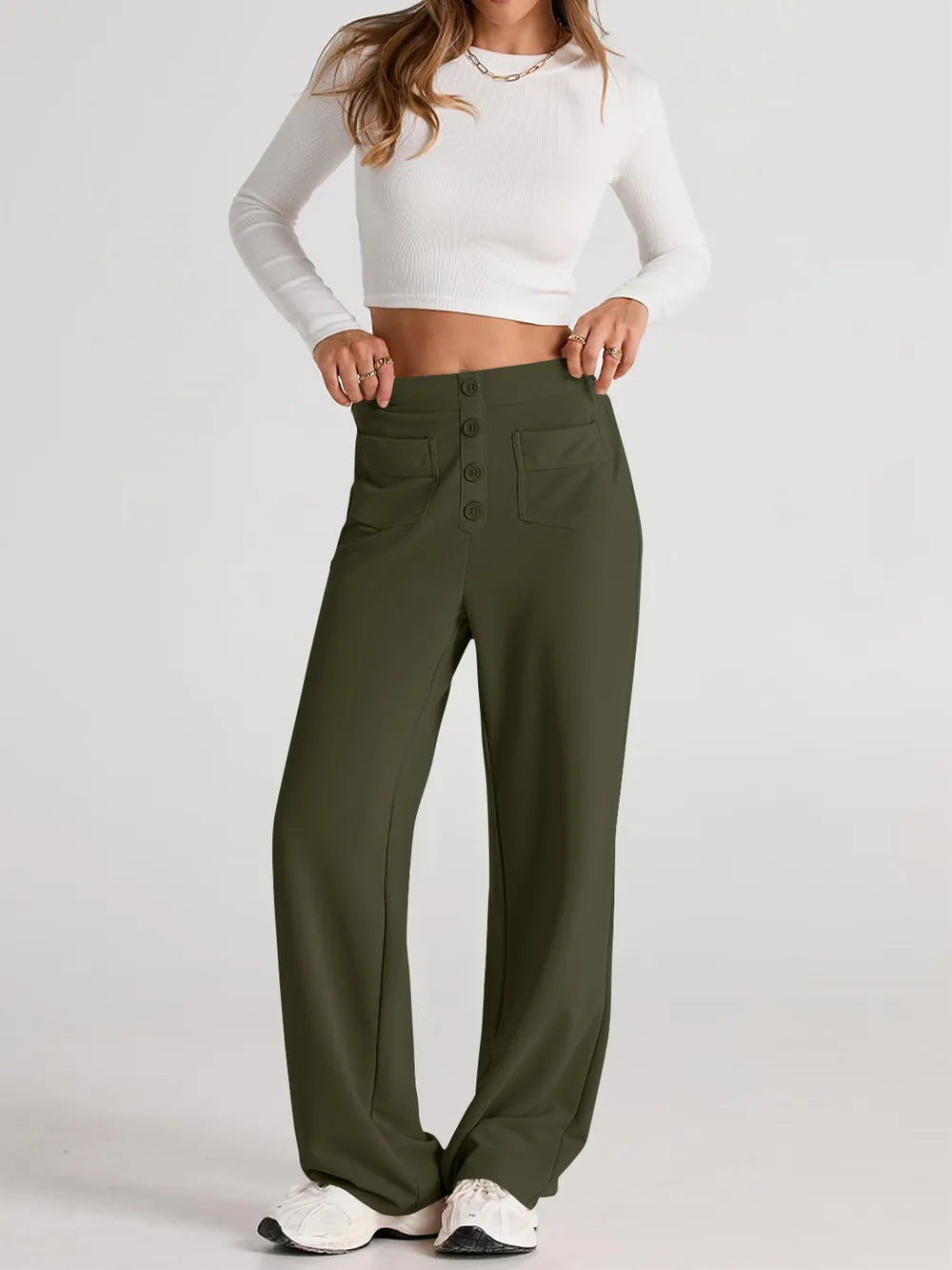 Front silhouette of high waist wide leg pants