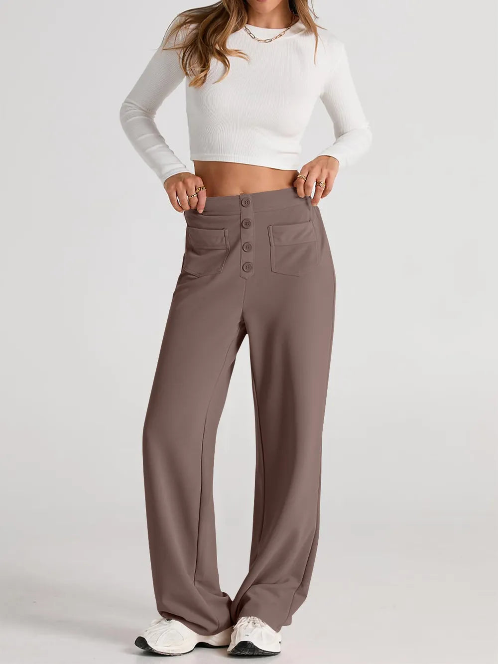 Casual high waist wide leg pants front look