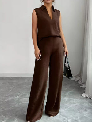 stylish sleeveless top with wide leg pants front look