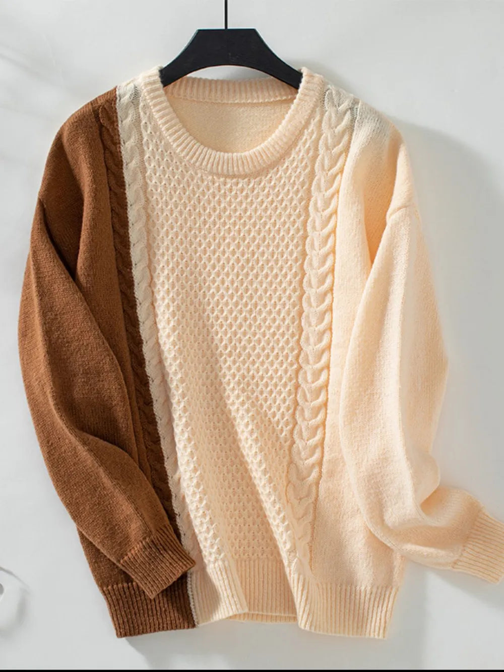 front view two tone cable knit sweater warm fashion look