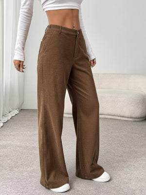 Front view showing relaxed wide leg fit