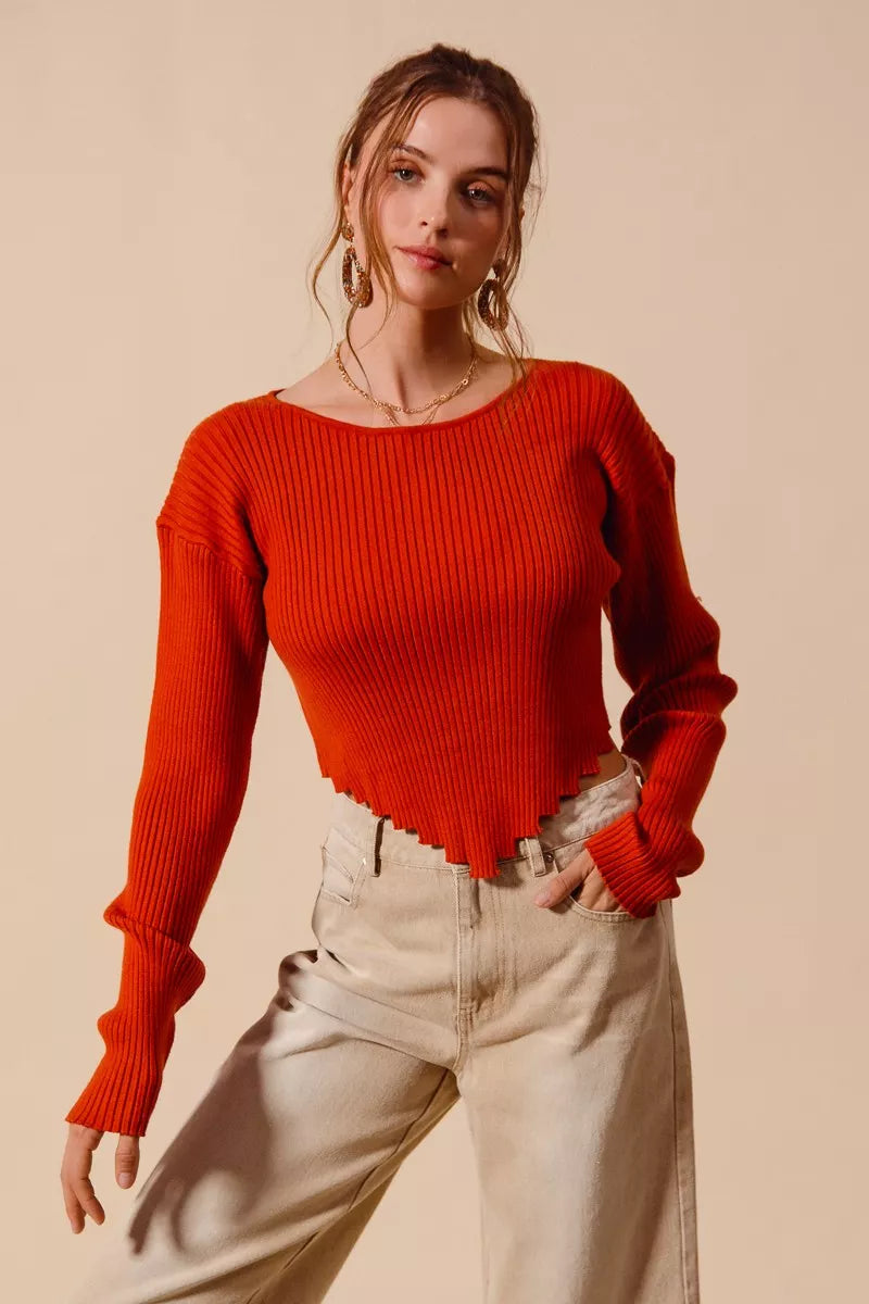 SO ME Rib Knitted Crop Sweater Top With Shaped Hem – Front View