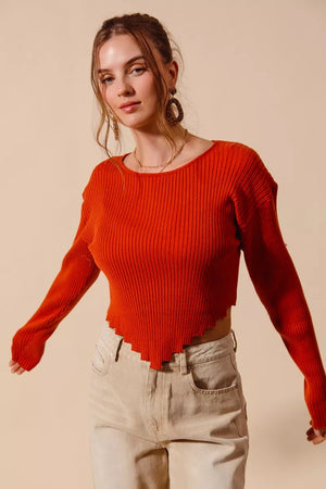 SO ME Rib Knitted Crop Sweater Top With Shaped Hem – Front View