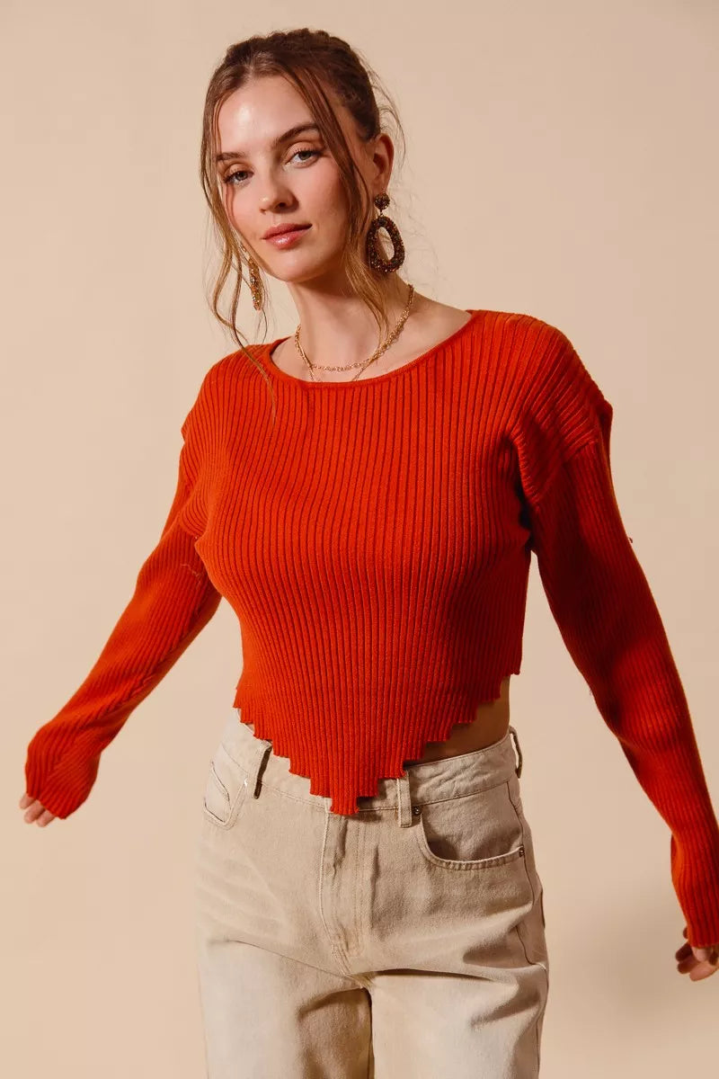 SO ME Rib Knitted Crop Sweater Top With Shaped Hem – Front View
