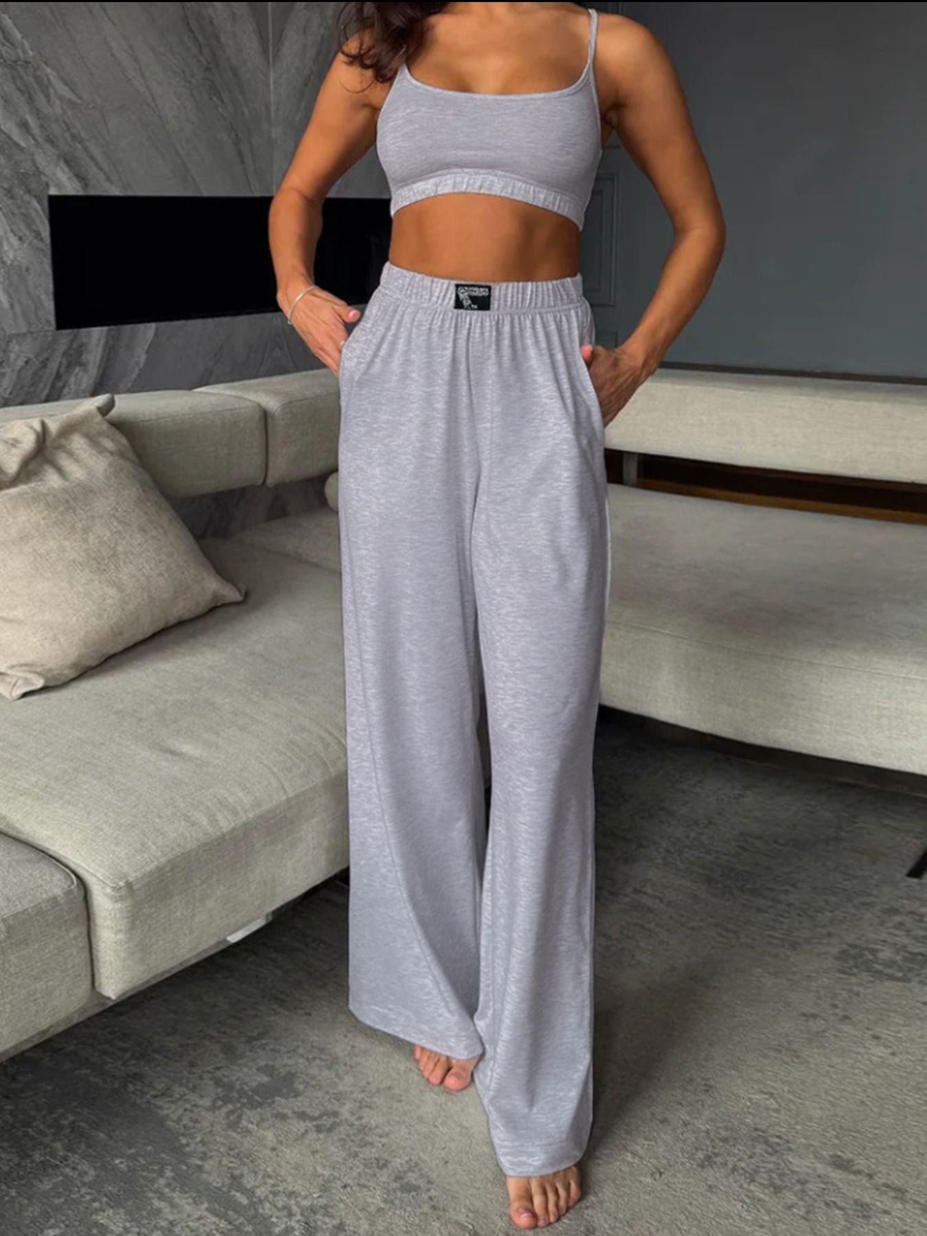 scoop neck cami and pants set front view stylish casual outfit