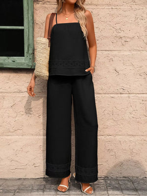 Feminine front side of lace trim cami wide leg outfit