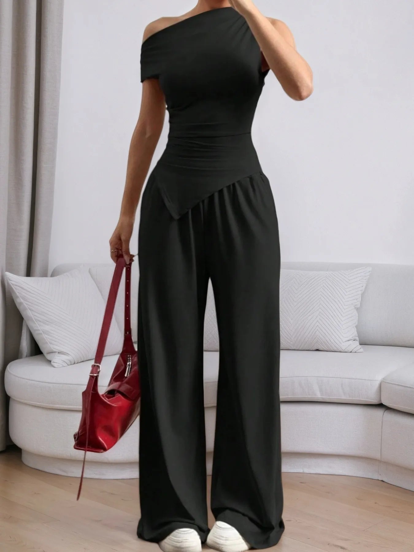 single shoulder top and pants set front view stylish outfit