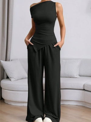 elegant one shoulder top with pants front look for women