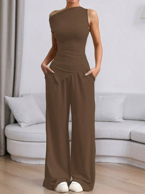 chic one shoulder top with matching pants front style