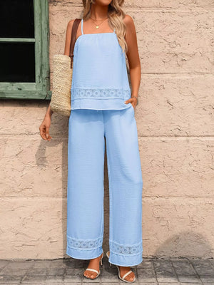 Trendy front style of Lace Trim Cami and wide leg pants set