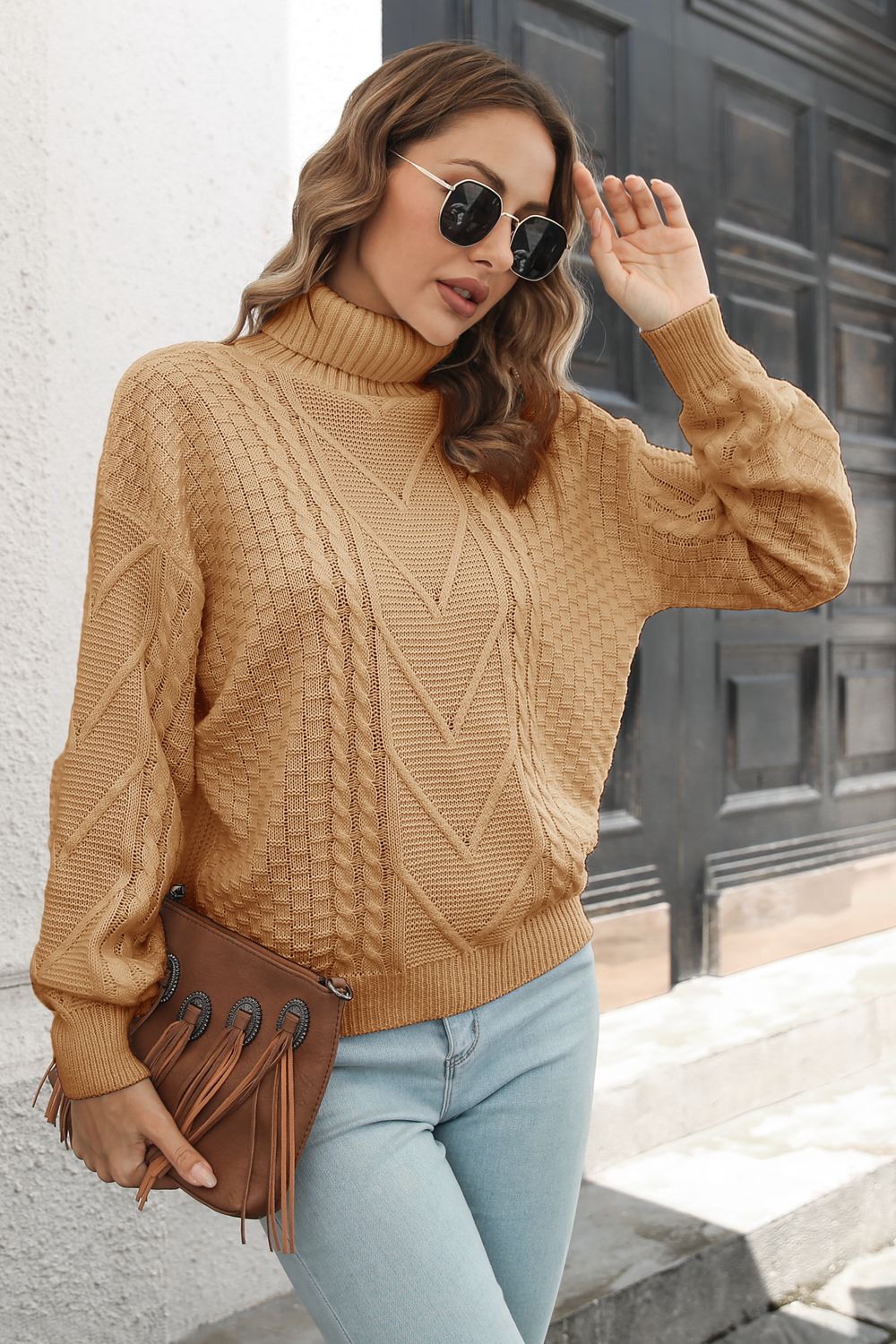 Elegant front design of Cable-Knit Turtleneck Sweater with textured knit