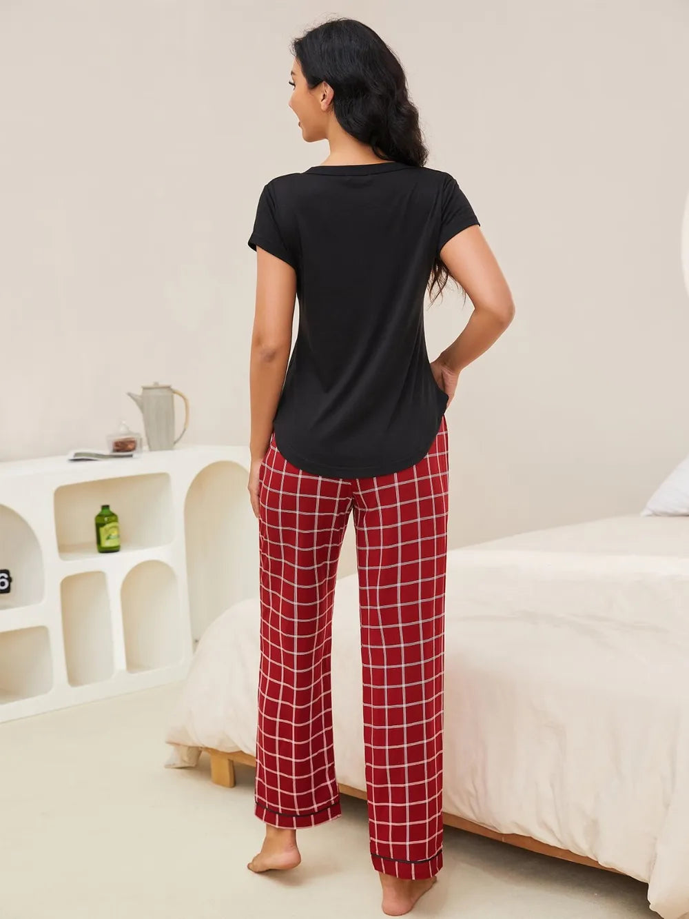 women V-neck short sleeve lounge set back full view